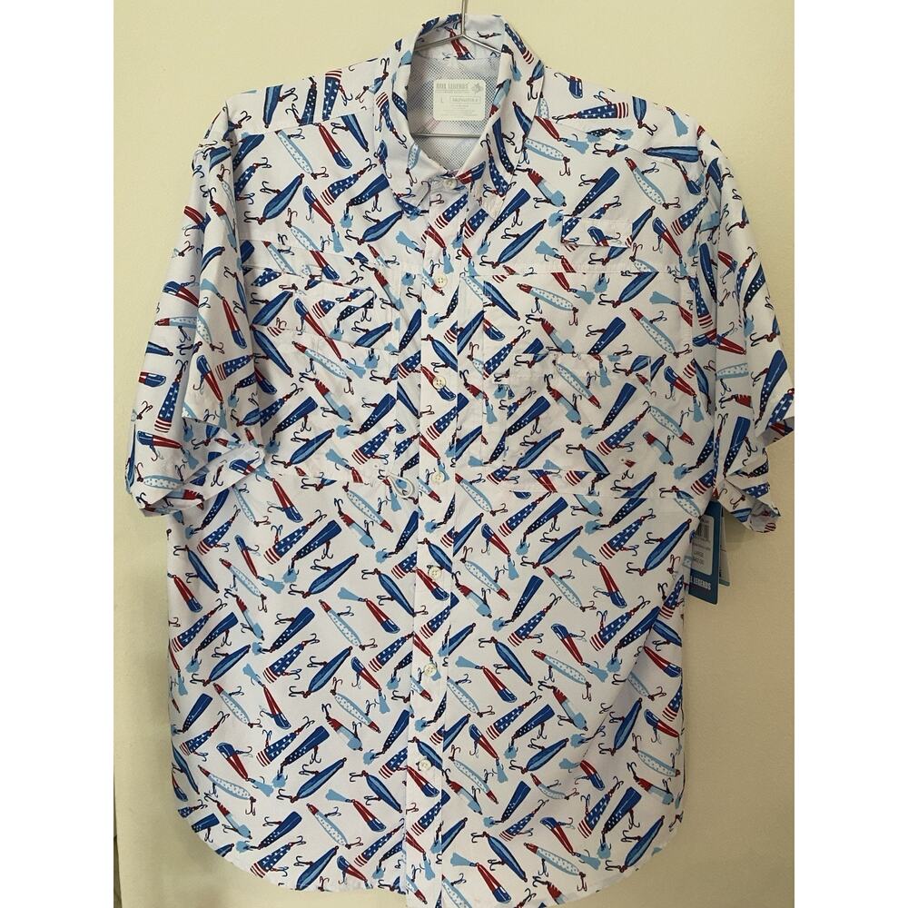 Reel Legends Performance Men's Fishing Shirt Americana Fishing Lure Print L